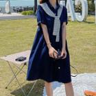 Set: Elbow-sleeve Denim Shirtdress + Shawl