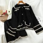Set: Heart Print Button Jacket + Mini A-line Skirt Jacket & Skirt - Black - One Size