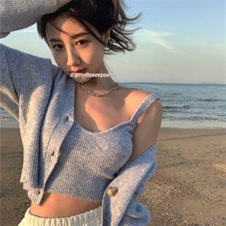 Set: V-neck Knit Cardigan + Knit Camisole Top