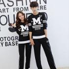 Set: Couple Printed Pullover + Contrast-stripe Printed Pants