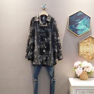 Long-sleeve Off-shoulder Print Shirt Black - One Size