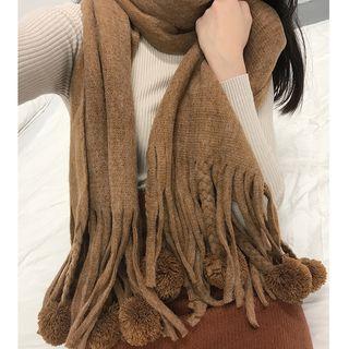 Pompom-accent Fringed Scarf