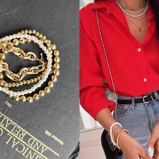Ball / Chain / Pearl Bracelet Set (4 Pcs) Gold - One Size