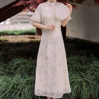Short-sleeve Lace Maxi A-line Qipao