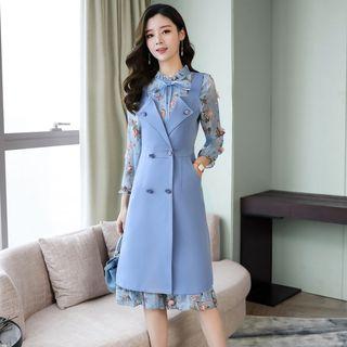 Set: Printed Long-sleeve Dress + Double-breasted Long Vest
