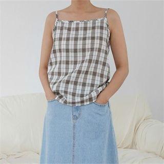 Spaghetti-strap Checked Linen Top