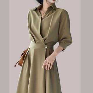 3/4-sleeve Open-collar Midi A-line Shirtdress