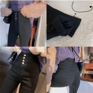 Color Block Cold Shoulder Sweater / High Waist Skinny Pants