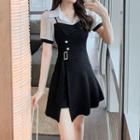 Set: Mock Two-piece Short-sleeve Open-collar Mini A-line Dress + Shorts