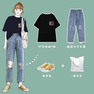 Print Short-sleeve T-shirt / Rip Straight Fit Jeans