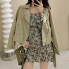 Faux Leather Biker Jacket / Long-sleeve Floral Print Mini A-line Dress / Set