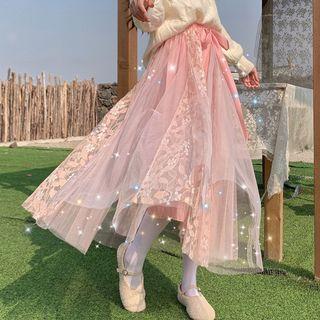 Lace Panel Mesh Maxi A-line Skirt