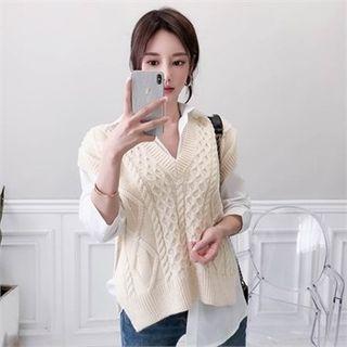 Set: Plain Shirt + Sleeveless Slit-hem Knit Vest
