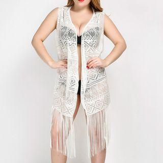 Fringed Sleeveless Perforated Cover-up