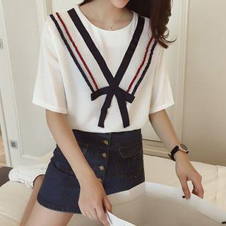 Ribbon Trim Short-sleeved Top