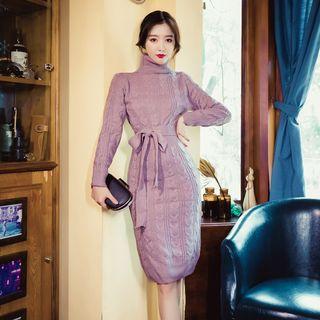 Turtleneck Cable Knit Dress With Sash