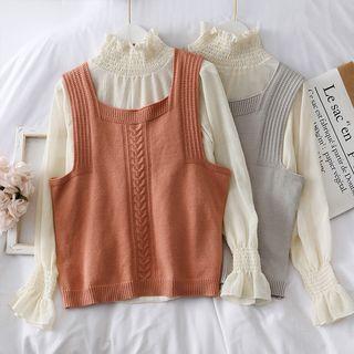 Set: High-neck Chiffon Blouse + Knit Vest