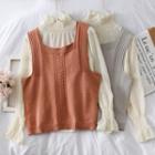 Set: High-neck Chiffon Blouse + Knit Vest