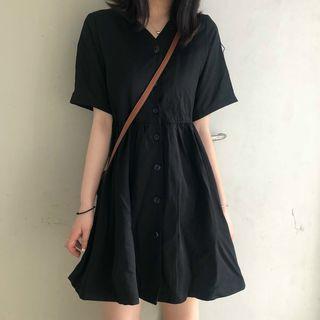 Elbow-sleeve Buttoned A-line Mini Dress Black - One Size