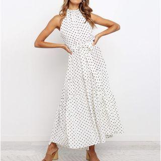 Dot Print Sleeveless Halter Midi A-line Dress
