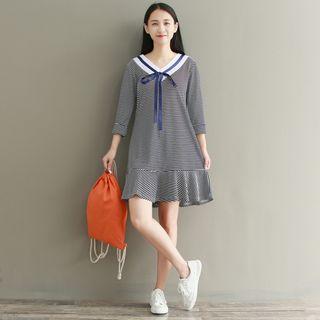 Striped V-neck Ribbon Accent Dress