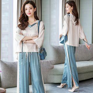 Set: Short-sleeve Hoodie + Contrast Trim Wide Leg Pants