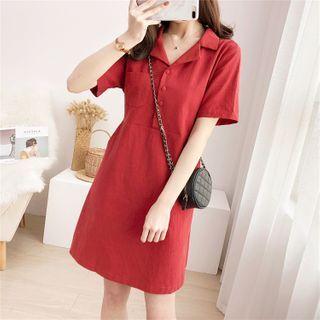 Elbow-sleeve Notch Lapel Mini A-line Dress