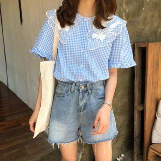 Embroidered Gingham Short-sleeve Shirt