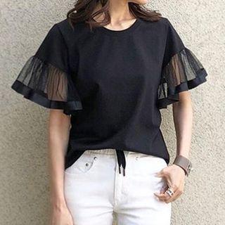 Short-sleeve Mesh Panel Blouse Black - One Size