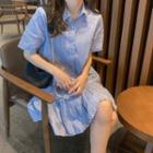 Short-sleeve Striped Shirtdress Blue - One Size