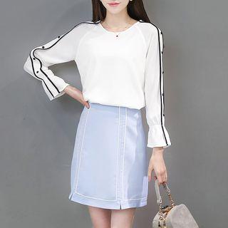 Set: Striped Long Sleeve Chiffon Top + Contrast Trim A-line Skirt