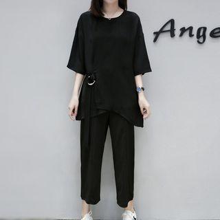 Set: Short-sleeve Buckled Top + Pants