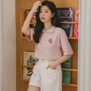 Strawberry Print Collared Short-sleeve T-shirt