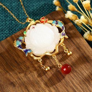Lotus Carp Fish Faux Gemstone Pendant Alloy Necklace Cp613 - Gold & White - One Size