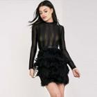 Long-sleeve Mesh Panel Furry Dress