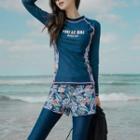 Set: Long-sleeve Lettering Rash Guard + Swim Shorts + Pants