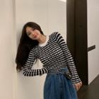 Long-sleeve Houndstooth Knit Top As Shown In Figure - One Size