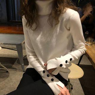Button Sleeve Mock Neck Knit Top