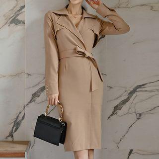 V-neck Tie-waist Slit Coat Dress