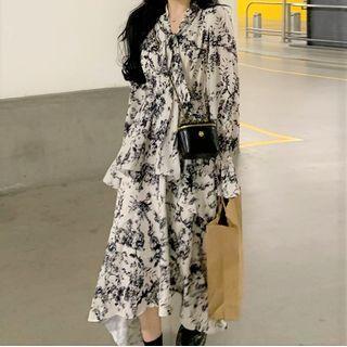 Floral Irregular Midi A-line Dress Black Flower - White - One Size