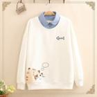 Inset Denim Shirt Cat Print Fleece-lined Pullover