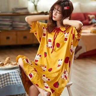 Mouse Print Collared Elbow-sleeve Sleep Dress