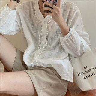 Long-sleeve Lace Trim Buttoned Top White - One Size