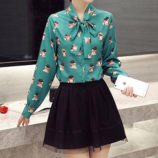 Set: Long-sleeve Tie-neck Printed Blouse + Paneled A-line Skirt