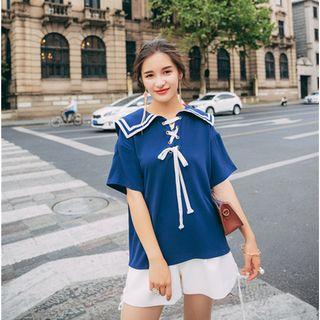 Short-sleeve Marine Collar Tied Top