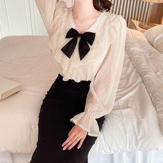 Ruffled Lace Blouse With Ribbon
