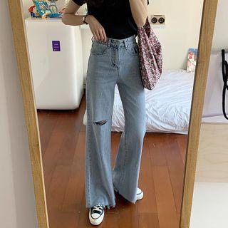 High-waist Ripped Wide-leg Straight Cut Jeans