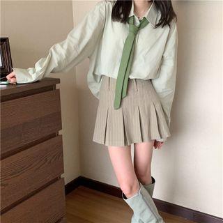 Long-sleeve Plain Shirt / Pinstriped Pleated Mini A-line Skirt / Necktie