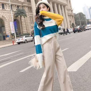 Set: Color Block Sweater + High Waist Wide-leg Pants