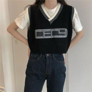V-neck Lettering Sweater Vest Black - One Size